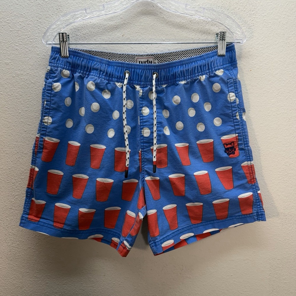 Party Pants Shorts Mens M Blue Beer Pong Red Solo Cup Swim Trunks Novelty Frat